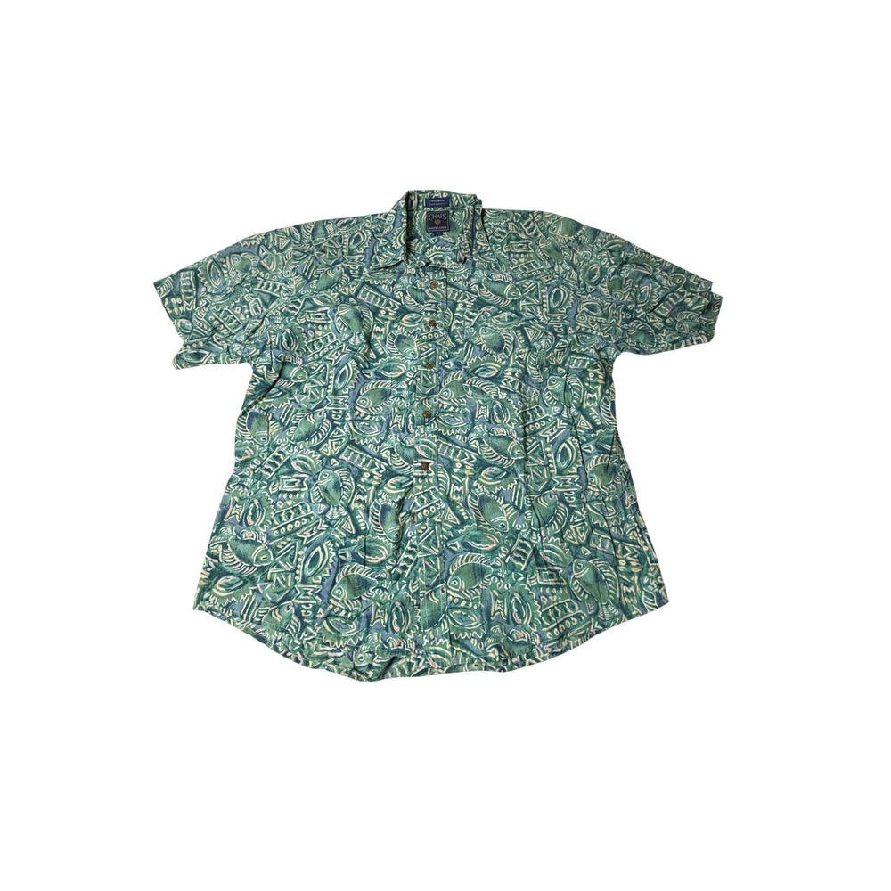 Chaps Ralph Lauren Button Down Shirt Mens XLT Green Fish Print Excellent Vintage